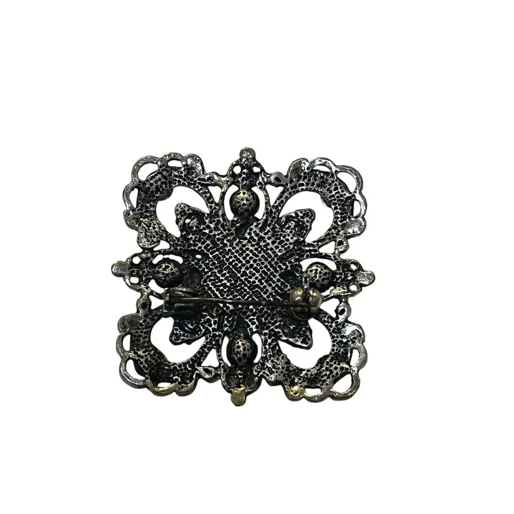 Vintage Silver Rhinestone Brooch with Olive Green Rose|Intricate Floral Pin|EUC